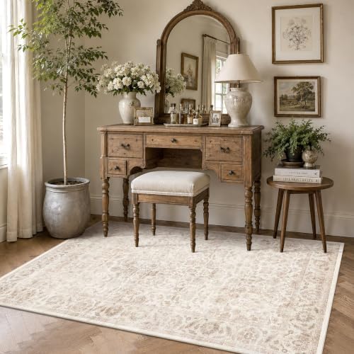 Washable 4x6 Bedroom Non-Slip Area Rug Vintage Beige Throw Carpet - Image 2