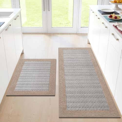 StepRite Kitchen Rugs 2 PCS, Kitchen Mats for Floor, 20"X32"+20"X47", Khaki by Bringcushiontoyourlife