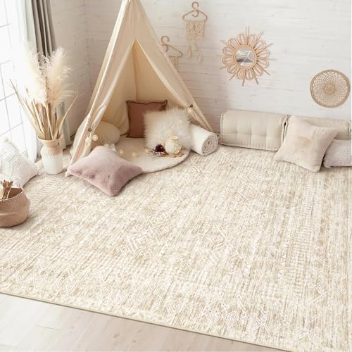 Washable Area Rug 5x7: Moroccan Rug for Living Room Geometric Boho Rug Farmhouse Non Slip Stain Resistant Rugs Low Pile Soft Carpet for Bedroom Dining Room Home Office Children Room (Beige,5'x7') - Image 3