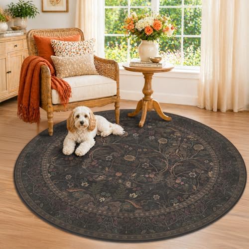 5ft Round Small Living Room Area Rug Washable, Moody Cottagecore Floral Circle Rug, Dark Brown Botanical Small Carpet with Non-Slip Backing, Low Pile Soft Floor Decor for Reading Corner, Entryway by Evyhood