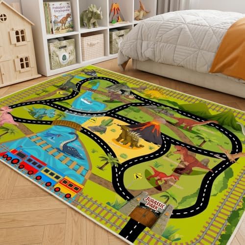 Washable Kids Rug for Playroom, 5x7 ft Faux Wool Dinosaur Rug with Road Map for Childrens, Non-Slip Car Carpet for Boys Bedroom Classroom, Soft & Non-Slip - Image 7