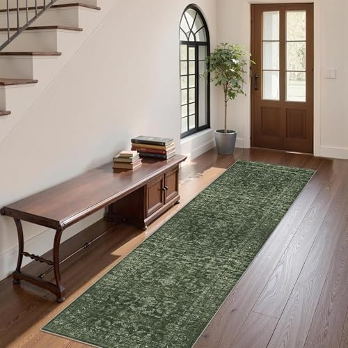 2x7 Washable Kitchen Runner Rug Non-Slip Boho Dark Green Throw Carpet - Image 3