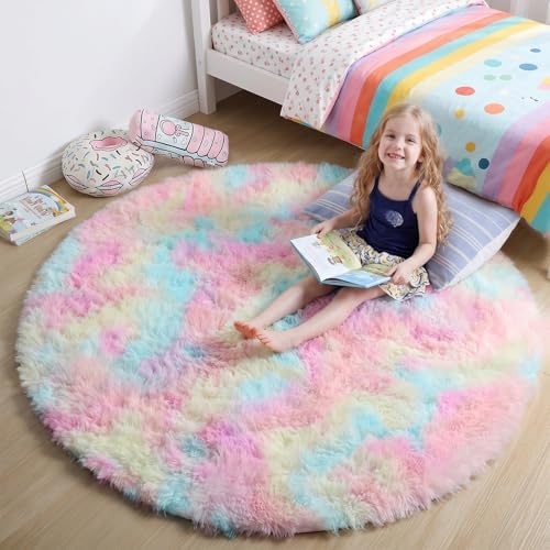 Amdrebio Rainbow Unicorn Large Round Rug 6Ft for Girls Bedroom Living Room by Amdrebio