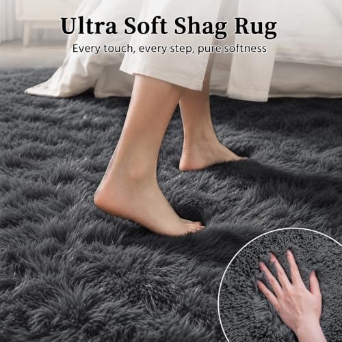 TENGTENGLINK 5x8 Fluffy Shag Area Rug Living Room Bedroom Washable Grey - Image 4