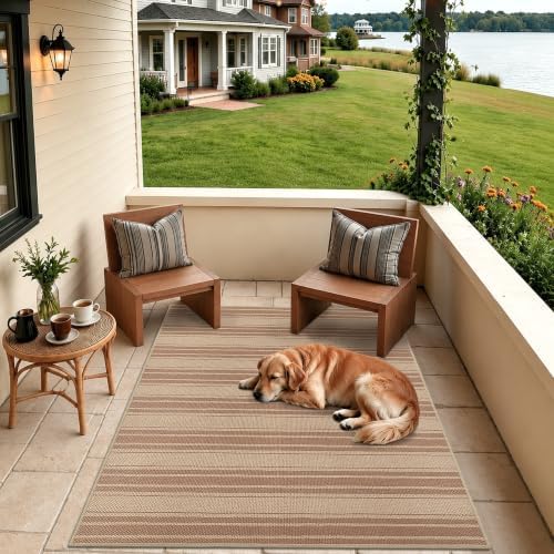 Striped Easy Jute 4x6 Outdoor Rug Washable Non Slip Khaki Rugs for Entryway Indoor Outdoor Farmhouse Neutral Front Door Mat for Backyard Patio Proch Living Room - Image 2