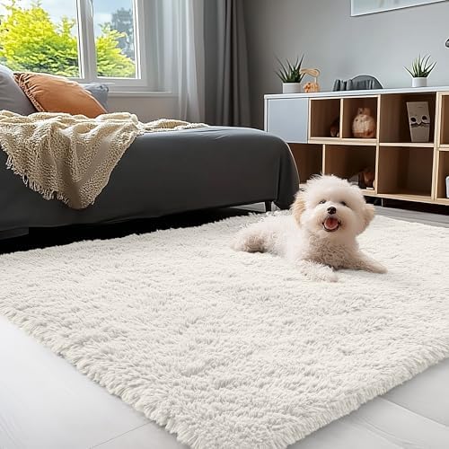 OLANLY 4x10 Area Rugs for Living Room Bedroom, Machine Washable Soft Fluffy Shaggy Bedside Rug, Indoor Floor Carpet for Kids Girls and Boys, Dorms, Nursery Rooms, Home Decor Aesthetic, Ivory - Image 3