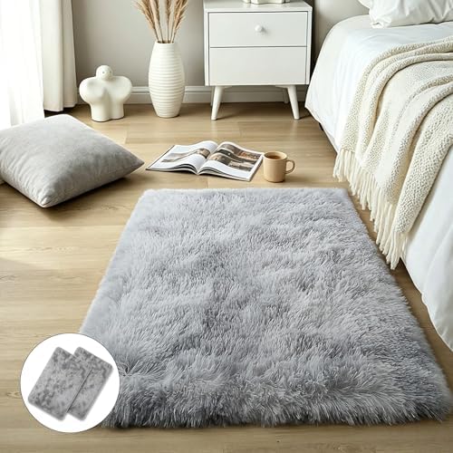 Light Grey Fluffy Shag Rug 2x3, 2 Pcs Soft Fuzzy Plush Washable Carpet by KICHOWUA