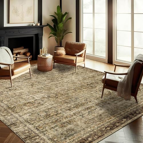 CHAMPLANT 5x7 Washable Area Rug Vintage Brown Traditional Floor Cover Foldable Thin Rug Kitchen Accent Rug Indoor Distressed Non Slip Carpet Floral Print Mat Bedroom Living Room Bathroom by CHAMPLANT