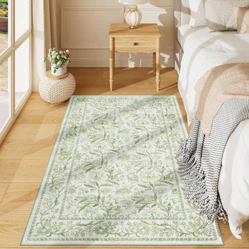 DUKINO 3x5 Rug Washable Vintage Floral Bedroom Area Rug Non Slip Sage Green by DUKINO
