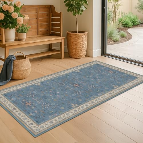Blue 2x4 Runner Rug for Entryway Indoor, Kitchen Floor Waterproof, Bathroom, Powder Room, Washable Non Slip Low Pile Stain & Fade Resistant, Modern Eclectic Floral Decor by HazoHaus