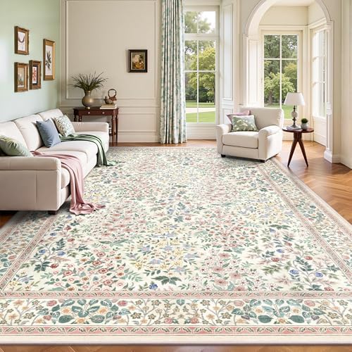 9x12 Area Rugs, Machine Washable Low Pile Floral Rugs for Living Room, Bedroom, Large Boho Area Rug with Non-Slip Backing for Dining Room(Pink Floral) by Yarooge