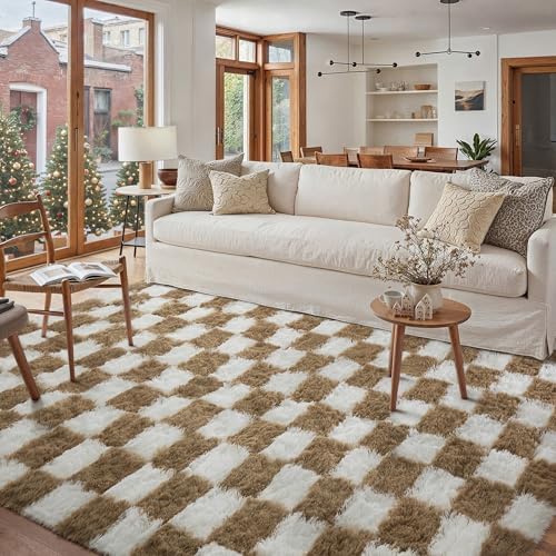 PureCozy Brown Area Rug 8x10 for Living Room Soft Checkered Shag Carpet - Image 5