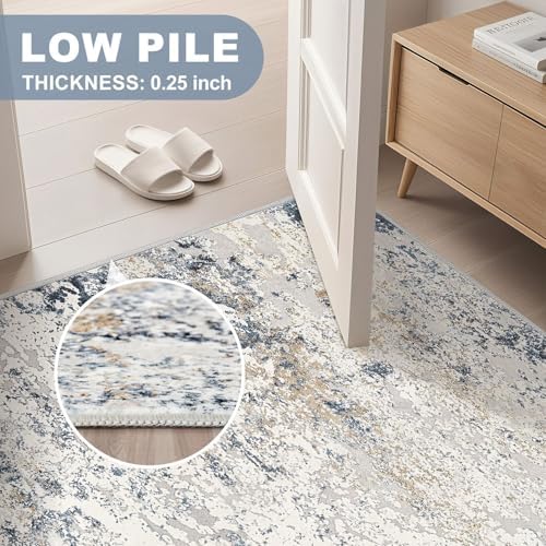 DMOYEST Square Area Rug Living Room Rugs - 5x5 Washable Large Soft Indoor Neutral Modern Abstract Low Pile Rug Carpet for Bedroom Dining Room Farmhouse Home Office - Beige Blue - Image 6