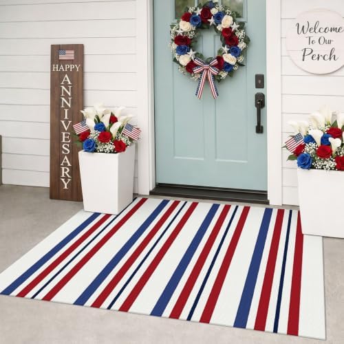 KILOCOCO Patriotic Striped Rug 3x5 ft Washable Woven Rug for Front Door by Kilococo