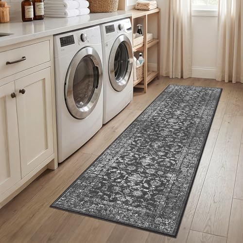 2x8 Washable Kitchen Runner Rug Non-Slip Vintage Black Throw Carpet - Image 3