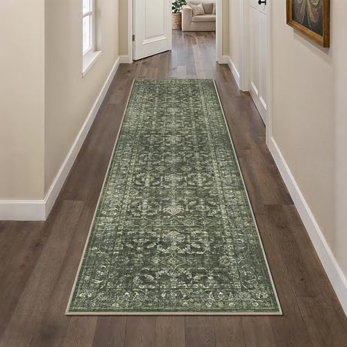 2x8 Washable Kitchen Runner Rug Non-Slip Boho Dark Green Throw Carpet - Image 3