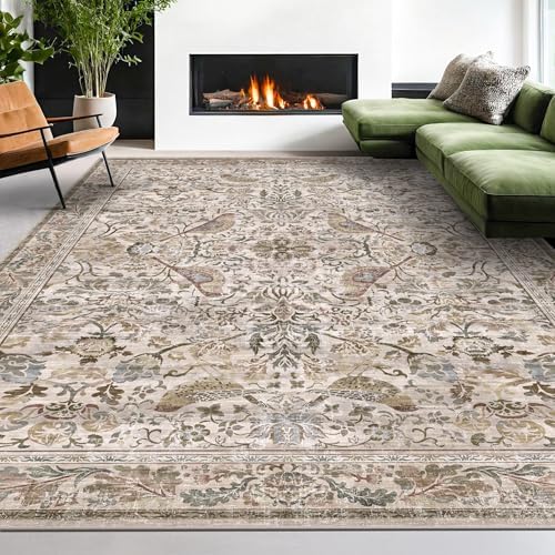 Floral 9x12 Large Area Rug for Living Room - Floral & Bird Soft Rugs for Bedroom,Non Slip Washable Carpet for Dining Room Under Table, Vintage Brown Taupe Indoor Décor, Low Pile Stain Resistant by HazoHaus