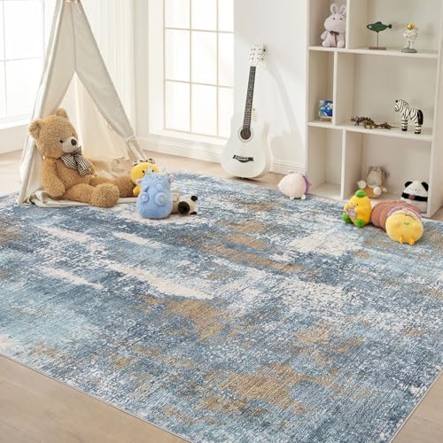 DMOYEST Area Rug Living Room Rugs - 10x12 Washable Large Soft Indoor Neutral Modern Abstract Low Pile Rug Carpet for Bedroom Dining Room Farmhouse Home Office - Blue Brown - Image 6