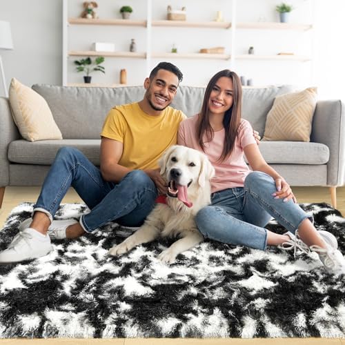 5x7 Tie-Dyed Black and White Fluffy Area Rug Non-Slip for Living Room - Image 2