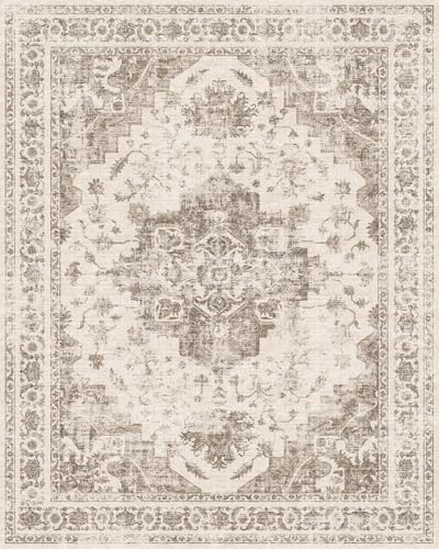 4ft Round Washable Office Rug Non-Slip Medallion Taupe Throw Carpet - Image 5