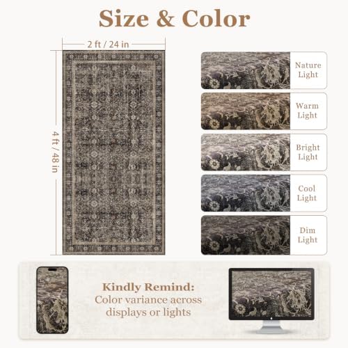 Washable Small Door Rug 2'x4', Vintage MCM, Black/Brown/Beige - Image 2
