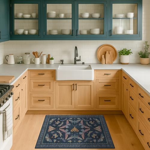 Dark Blue 2x4 Non Slip Bathroom Rug, Washable Vintage Boho Insect Carpet for Kitchen Floor, Entryway & Powder Room, Low Pile Indoor Aesthetic Rug - Image 6