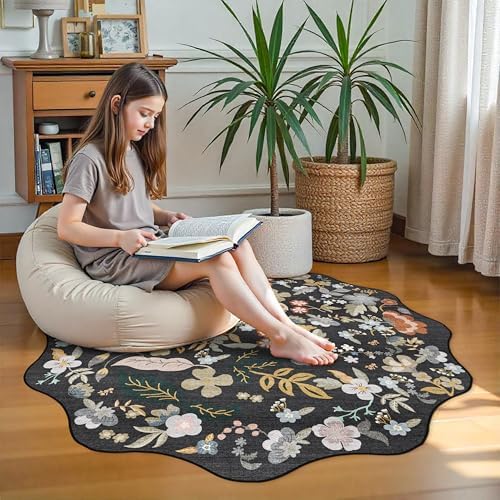 Washable Scalloped 4ft Round Rug: 4x4 Boho Floral Circle Area Rug Black - Image 2
