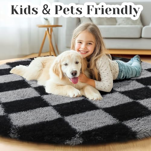 KICMOR Round Rugs 6ft Black and Grey Circle Area Rug, Fluffy Soft Fuzzy Shag Shaggy Bedroom Living Room Carpet, Indoor Checkered Circular Rug for Teen Kids Boys Girls Home Decor Aesthetic, Nursery - Image 4