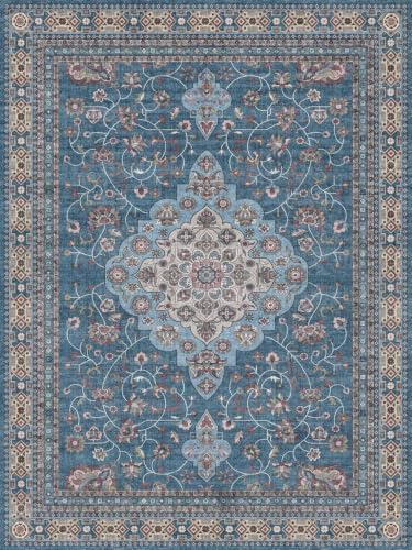Washable 3x3 Square Rug for Entry Kitchen Bedroom Bathroom Carpet - Non Slip Stain Resistant Low Pile Soft Door Mat - Protect Hardwood and Multiple Floors Vintage Home Decor (Blue/Teal,3x3) by RUUGME
