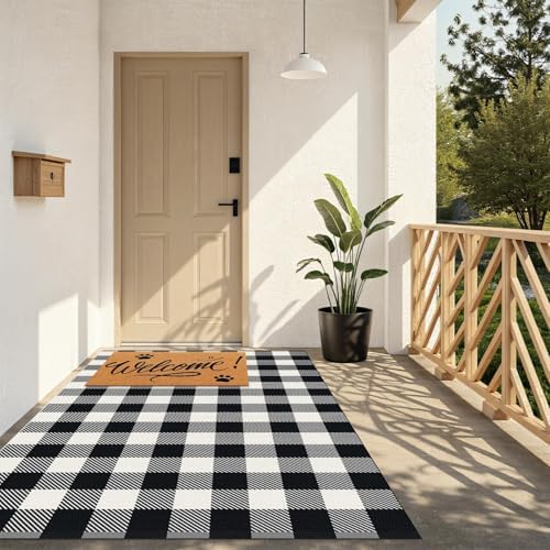 Outdoor Rugs, Black and White Area Rug Checkered 4’ x 6’ by Unknown