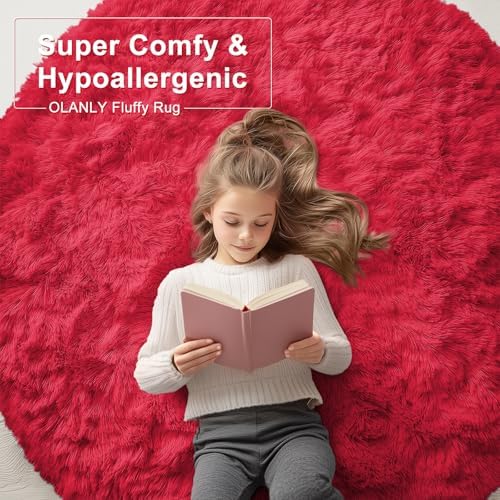 OLANLY Red Round Rugs for Bedroom - Machine Washable, 2 ft Circle Area Rugs for Living Room, Soft and Fluffy Shaggy Carpet for Teen Girls and Boys, Nursery Rooms, Dorms, Home Decor Aesthetic - Image 6