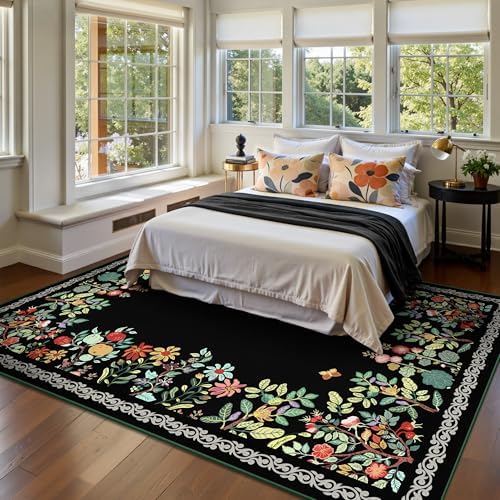 5x7 Area Rugs, Ultra-Thin Soft Rugs for Bedroom, Indoor Non-Slip Washable Rug for Living Room, Dining Room, Low Pile Home Decor Floral Rug(Black) - Image 3