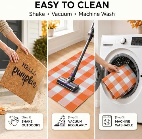 Fall Decor Door Mat Combo Set, 100% Coco Coir Welcome Mat + 28 x 43 Inches Orange and White Plaid Rug - Fall Thanksgiving Front Porch Entryway Floor Doormat, Indoor Outdoors Autumn Mats Hello Pumpkin - Image 6