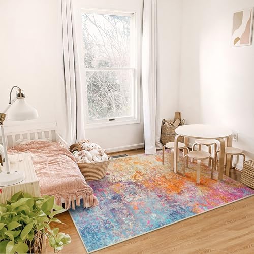 Lahome Modern Abstract Area Rug - 4x6 Colorful Living Room Rug Soft Bedroom Rug Washable Entryway Mat, Rainbow Non Slip Indoor Floor Throw Carpet for Basement Apartment Playroom Office - Image 7