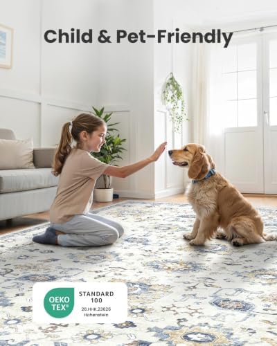 Amada 5x7 Washable Area Rug for Living Room, Blue/White, Vintage Pattern - Image 4
