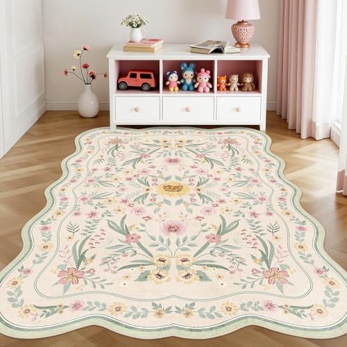 Scalloped Floral Rug 4x6, Sage Green Washable Girls Bedroom Rug - Image 3