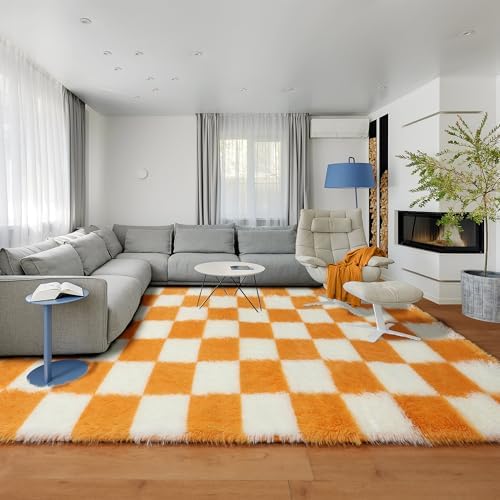 KICMOR 8x10 Area Rugs for Living Room, Large Soft Fluffy Checkered Big Fuzzy Shag Shaggy Carpet for Bedroom, Orange and Cream White Plush Rug for Kids Boys Girls Dorm Nursery Home Decor Aesthetic - Image 6