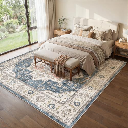 9x9 Square Area Rug: Washable Soft Blue Area Rug for Living Room by ZUNTKON