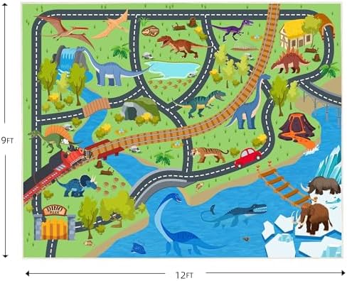 Kids Rugs for Playroom 9x12 ft - Non-Slip Car Rug Play Mat Dinosaur - Image 2