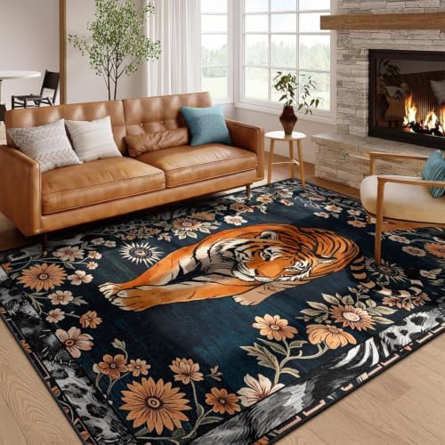 Vintage Tiger Floral Area Rug 2x3 Jungle Non Slip Large Carpet by Unknown