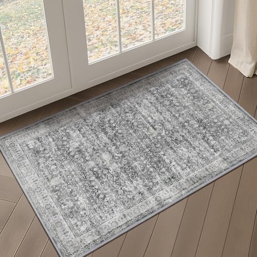 Grey Entryway Rug Indoor, 2x3 Small Door Rugs for Entry Way/Kitchen/Bathroom, Washable Non Slip Low Pile Thin Door Mat Indoor Entrance, Vintage Neutral Gray and Ivory Rug with Decorative Fringe by Jainmy