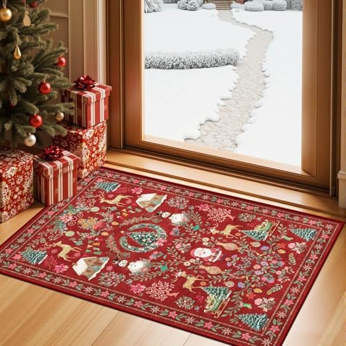 Rugxara Christmas Rug 2x3 Small Entryway Kitchen Bathroom Rugs Indoor, Red by Rugxara
