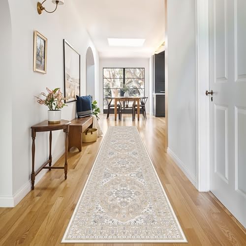 RUUGME Hallway 2'6x12 Runner Rug: Vintage Washable Kitchen Rugs Non-Slip Low Pile Carpet for Entryway Soft Thin Stain Resistant Floor Decor Mat for Bathroom Living Room Bedroom(Beige/Cream,2'6"x12') - Image 2