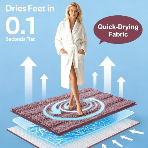 Striped Mauve Bathroom Rug Set 3 Pieces Ultra Soft, Non Slip Chenille Bath Carpet, Absorbent Plush Shaggy Bath Mats for Bathroom, Toilet, Bedroom, Kitchen - Image 3