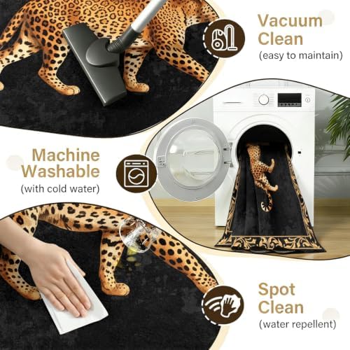 Black Leopard Area Rug 7x10 Luxury Vintage Washable Floor Mat - Image 7