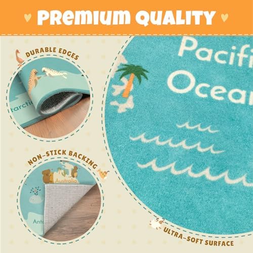 Hazo Haus Washable Large Kids Room Rug with Animal – 6x9 Educational World Map Area Rug for Bedroom – Non-Slip, Stain Resistant, Soft & Safe, Playroom Essentials - Blue Ocean - Image 5
