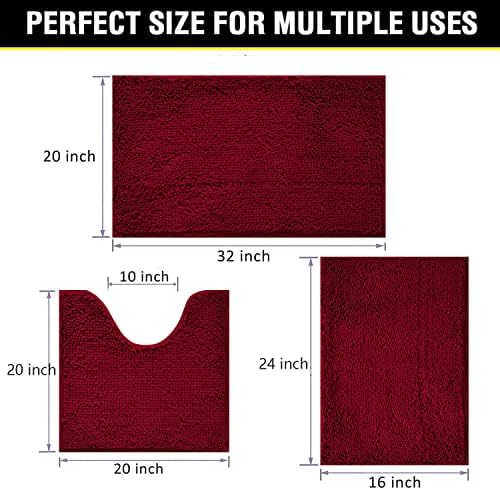 Bathroom Rugs Chenille 3-Piece Extra Soft and Absorbent Shag Bathroom Rugs, Machine Wash Mat, Strong PVC Non-Slip Underside, Plush Carpet Mats (Burgundy) - Image 2