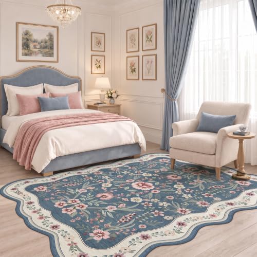 Scalloped Floral Rug 6x9, Dusty Blue Washable Non Slip Area Rug for Girls Bedroom, Soft Low Pile Vintage Rug for Living Room,Nursery, Dorm - Image 2