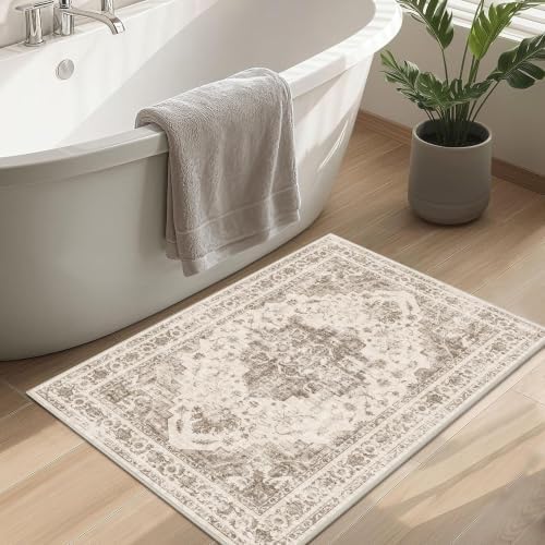 2x3 Washable Entryway Area Rug Non-Slip Medallion Taupe Door Mat - Image 4