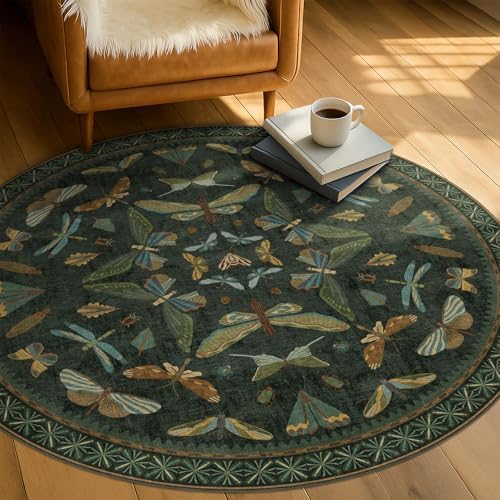 Black Insect 5ft Round Washable Living Room Rugs - Boho Non Slip Area Rug for Large Entrance, Low Pile & Soft Carpet for Bedroom Beside Bed, Forest Butterfly Design Stain Resistant Home Décor by HazoHaus